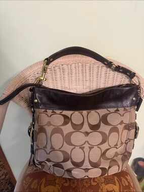 Coach Beige and Brown Signature Canvas Shoulder Bag